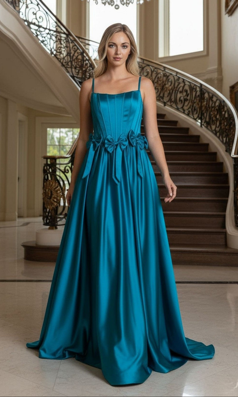 A woman in the teal Long Prom Dress: Poly USA 25116, featuring an A-line satin silhouette, structured bodice, thin straps, and a belted waist, stands before a curved staircase in an elegant setting.